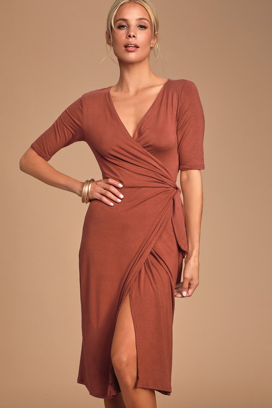 Chic Rust Red Dress - Midi Wrap Dress ...